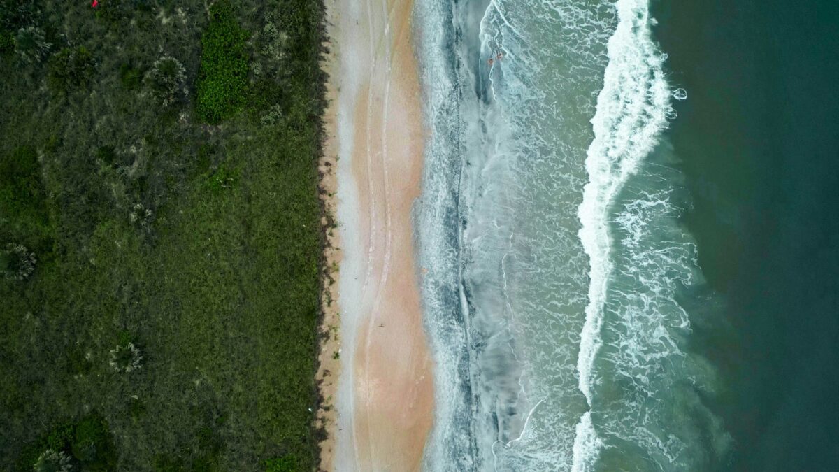 The Atlantic shoreline at St. Augustine Beach from above: dune scrub, sand and surf.