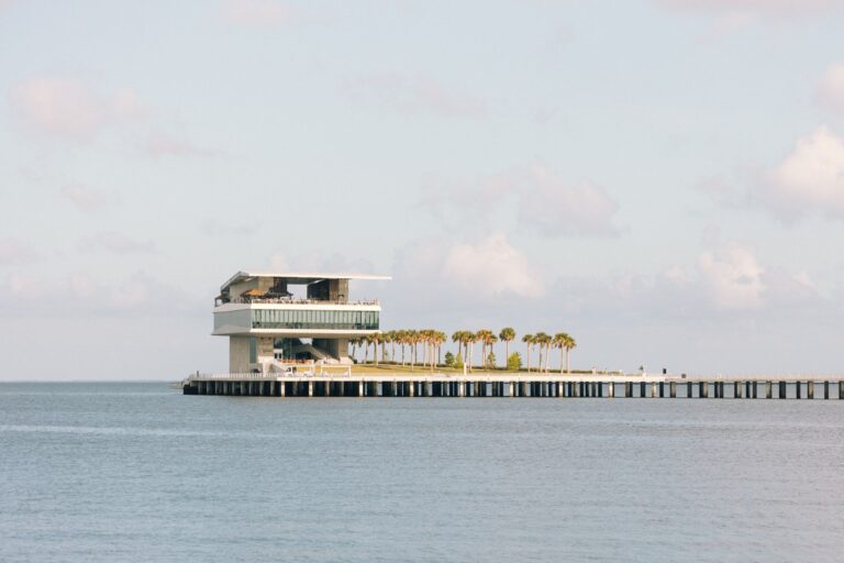 Scenic view of Saint Pete Pier surrounded by calm waters in St. Petersburg, Florida.